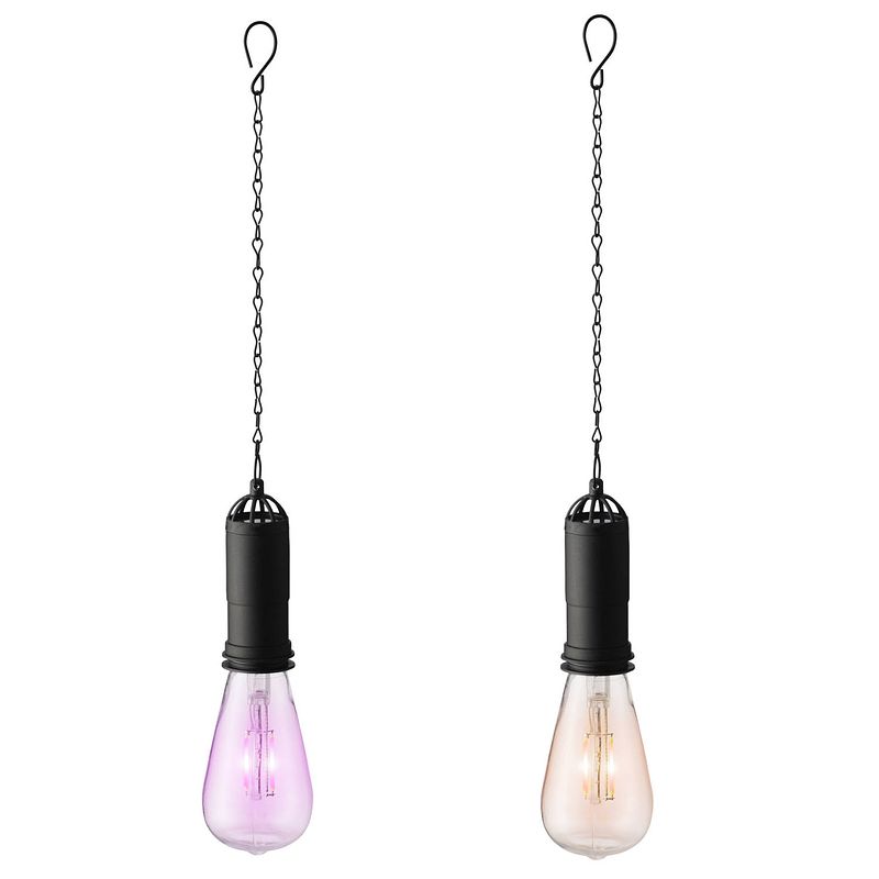 Foto van Set van 2x stuks oranje en roze solar tuinverlichting hanglampen kunststof 20 cm - buitenverlichting