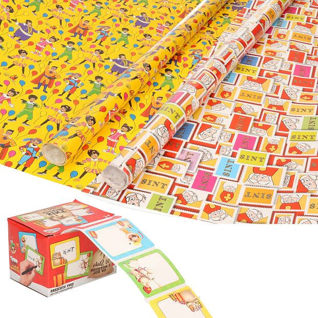 Foto van Sinterklaas inpakpapier/cadeaupapier 6x rollen en 50 naam stickers - cadeaupapier