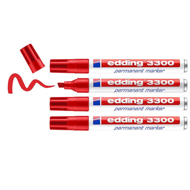 Foto van Edding 3300/4 permanent marker blister rood - beitelvormige punt 1-5 mm - blister/4 st.