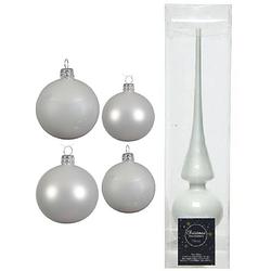 Foto van Glazen kerstballen pakket winter wit glans/mat 38x stuks 4 en 6 cm met piek glans - kerstbal