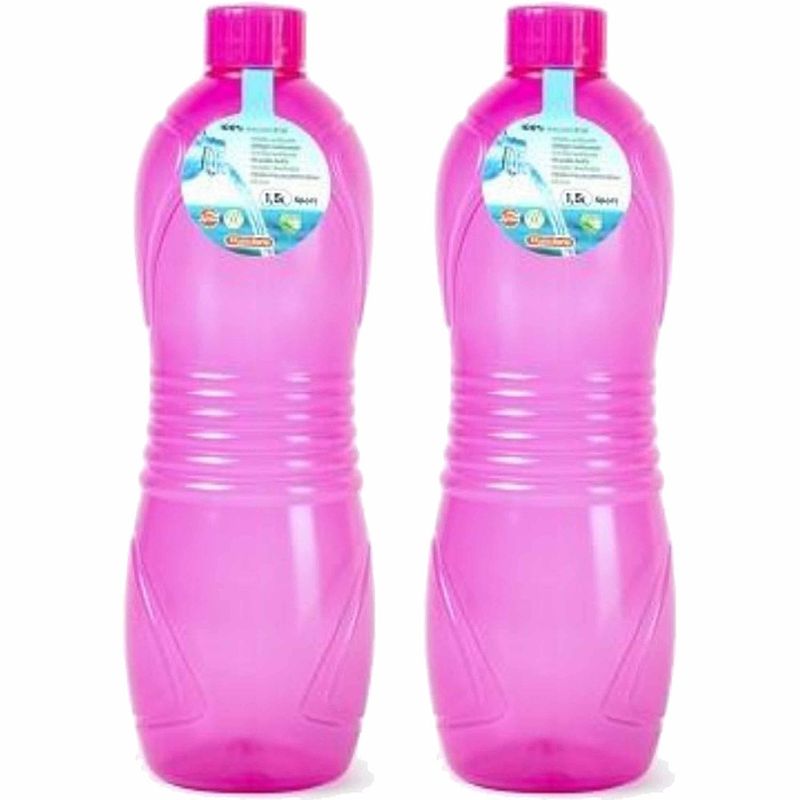 Foto van Plasticforte drinkfles/waterfles/bidon - 2x - 1500 ml - transparant/roze - kunststof - drinkflessen