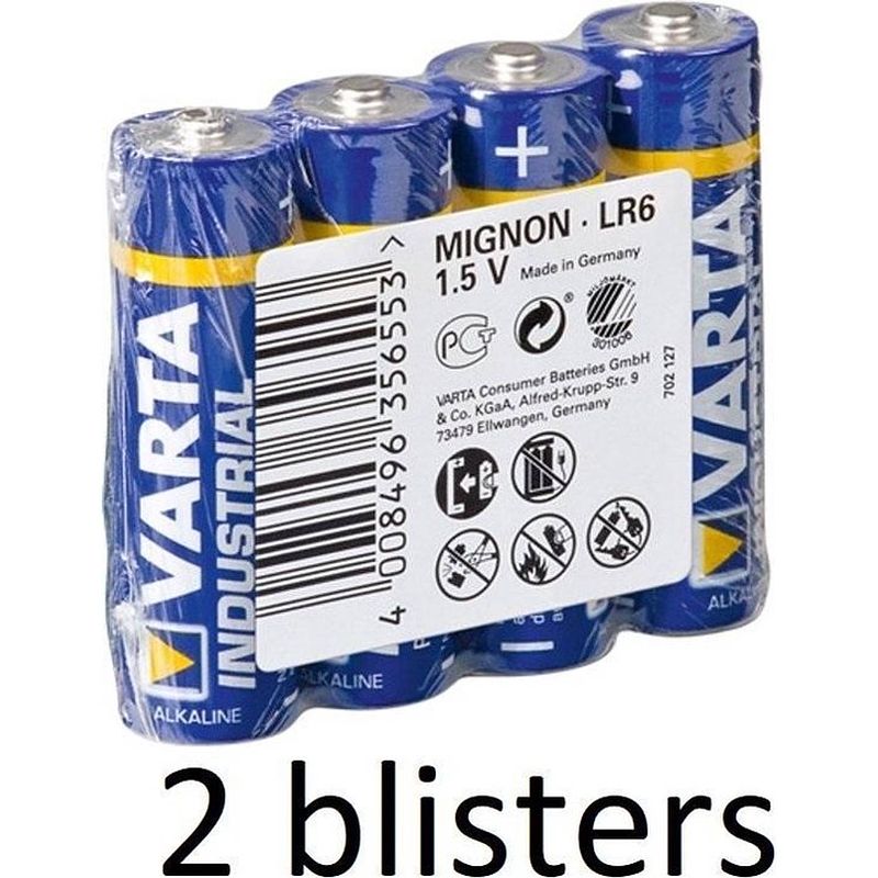 Foto van 8 stuks (2 blisters a 4 st) varta lr6 industrial wegwerpbatterij aa alkaline