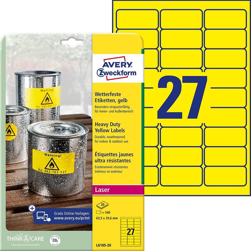 Foto van Avery-zweckform l6105-20 etiketten 63.5 x 29.6 mm polyester folie geel 540 stuk(s) permanent universele etiketten, weerbestendige etiketten laser, kopie