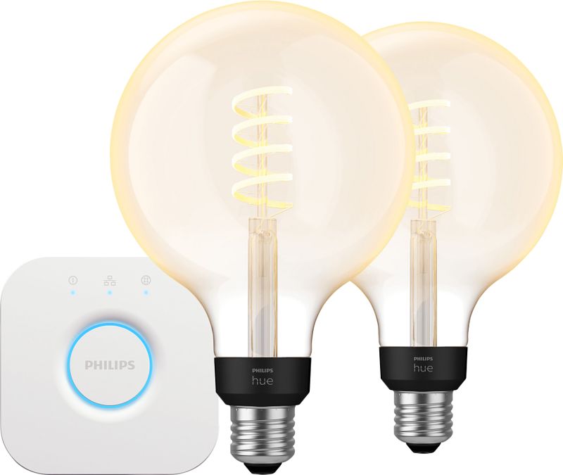 Foto van Philips hue filament white ambiance globe xl 2-pack + bridge