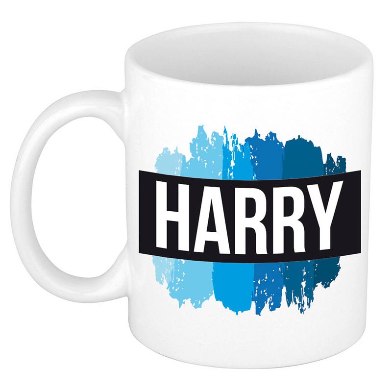 Foto van Naam cadeau mok / beker harry met blauwe verfstrepen 300 ml - naam mokken