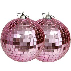 Foto van Othmar decorations disco kerstballen - 2x - roze - 10 cm - kunststof - kerstbal