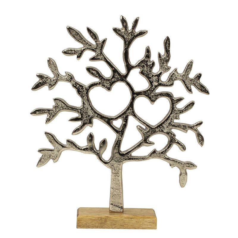 Foto van Decoratie levensboom - tree of life - aluminium/hout -a  23 x 26 cm - zilver kleurig - beeldjes