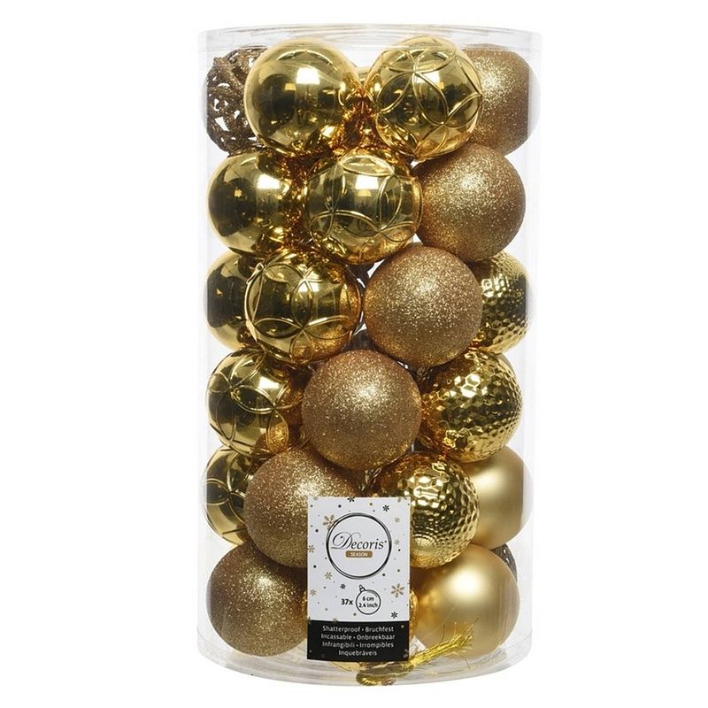 Foto van 37x gouden kunststof kerstballen 6 cm - mix - onbreekbare plastic kerstballen - kerstboomversiering goud