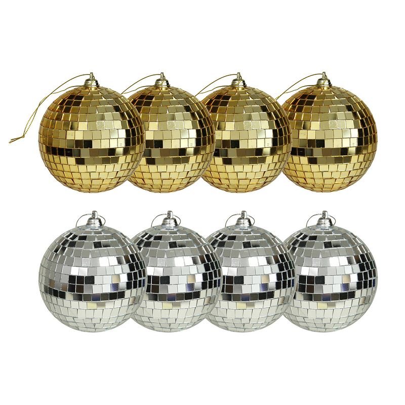 Foto van Kerstballen disco - 8x st - goud en zilver - 8 cm - kunststof - kerstbal