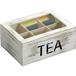 Foto van 6-vaks wit tea theedoosje/theekistje van hout 16 x 21,7 x 9 cm - theedozen