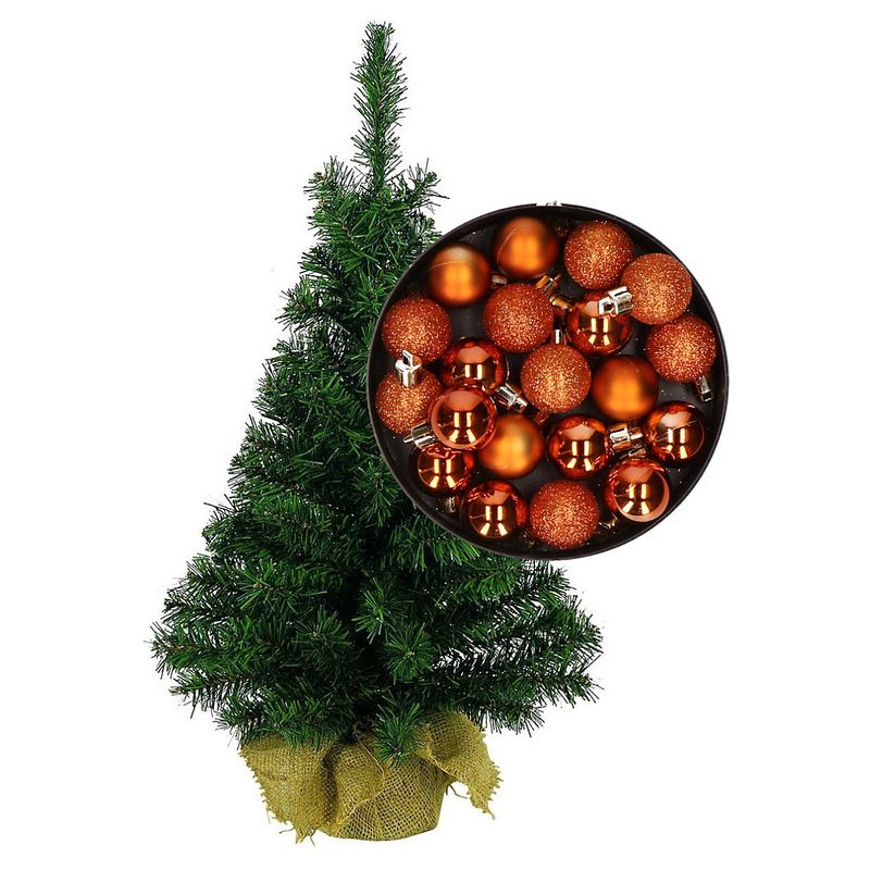 Foto van Mini kerstboom/kunst kerstboom h75 cm inclusief kerstballen oranje - kunstkerstboom