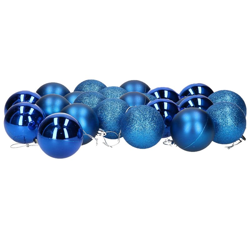 Foto van 24x stuks kerstballen blauw mix van mat/glans/glitter kunststof 6 cm - kerstbal