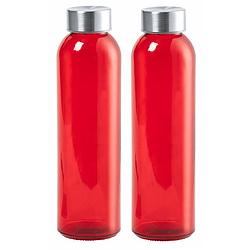Foto van Glazen waterfles/drinkfles/sportfles -2x - rood transparant - met rvs dop - 500 ml - drinkflessen