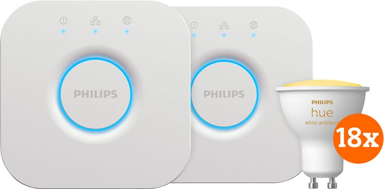 Foto van Philips hue white ambiance starter pack gu10 met 18  lampen, dimmer + bridge