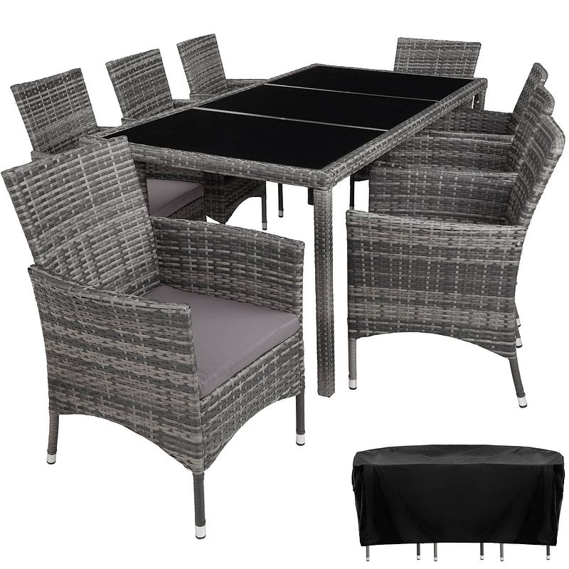 Foto van Tectake - wicker zitgroep 8 stoelen en tafel - inclusief beschermhoes- grijs - 404328