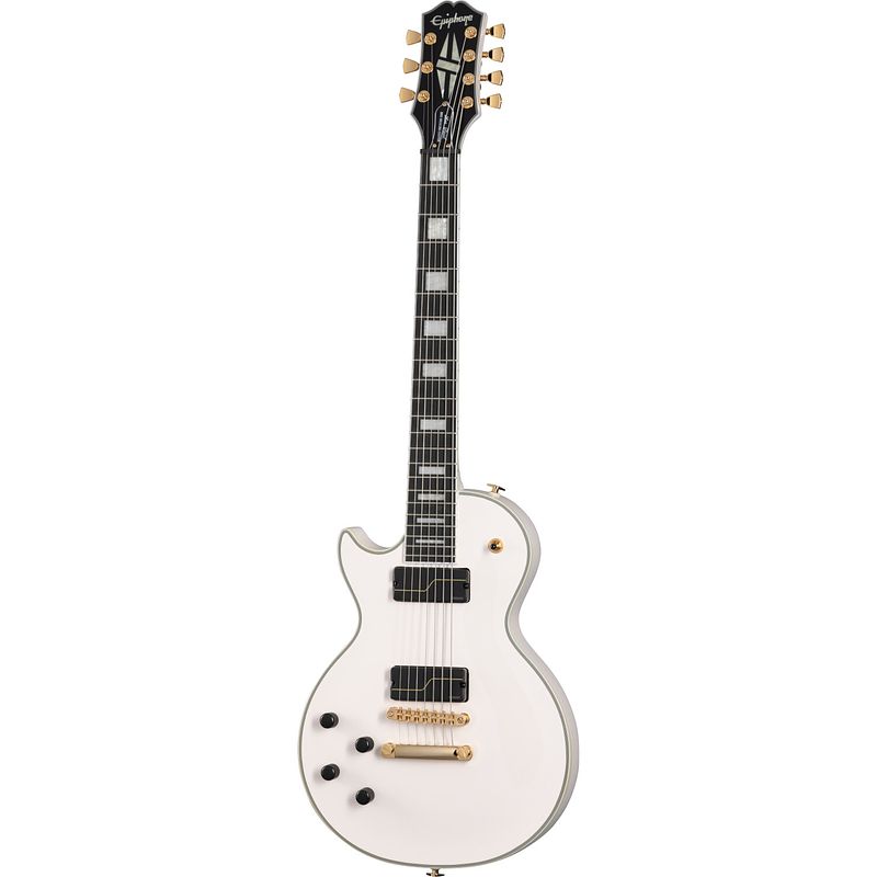 Foto van Epiphone matt heafy origins les paul custom 7-string lh bone white linkshandige 7-snarige elektrische gitaar met koffer