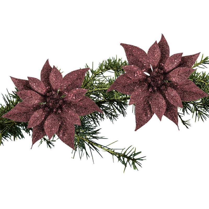 Foto van 2x stuks kerstboom decoratie bloemen donkerrood glitter op clip 18 cm - kersthangers