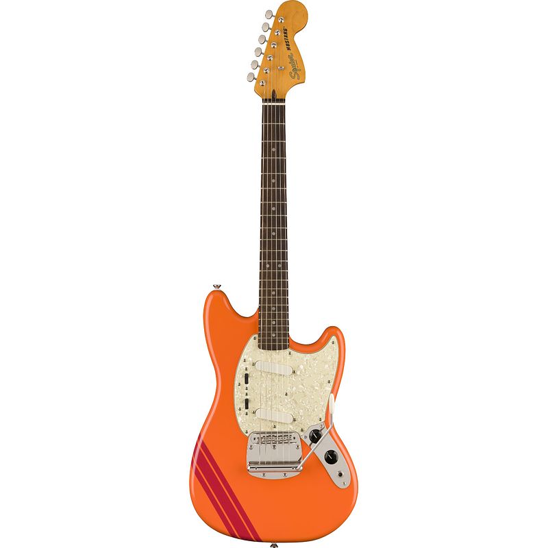 Foto van Squier fsr classic vibe 's60s competition mustang capri orange dakota red stripes il elektrische gitaar