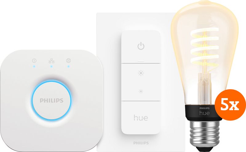 Foto van Philips hue filament white ambiance edison 5-pack startpakke