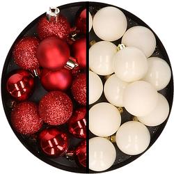 Foto van 36x stuks kunststof kerstballen rood en wol wit 3 en 4 cm - kerstbal