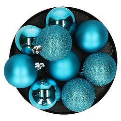 Foto van 9x stuks kerstballen turquoise blauw glans en mat kunststof 6 cm - kerstbal