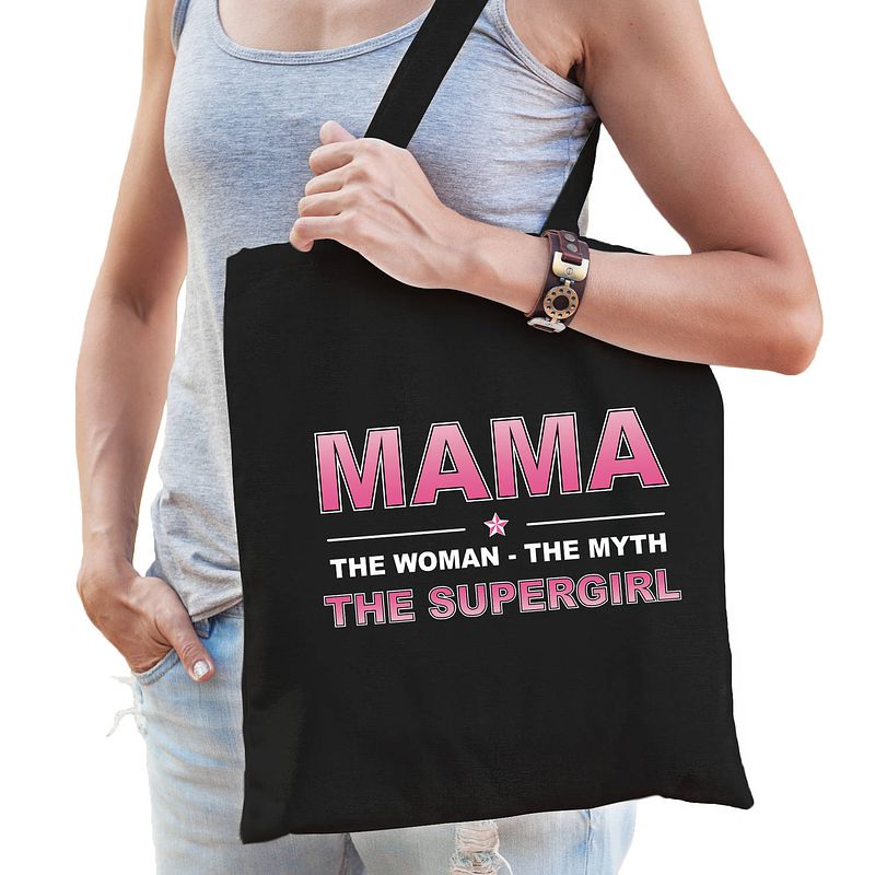 Foto van Mama the supergirl kado tasje voor verjaardag zwart voor dames - feest boodschappentassen