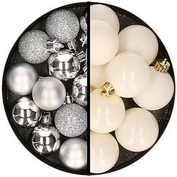 Foto van 36x stuks kunststof kerstballen zilver en wol wit 3 en 4 cm - kerstbal