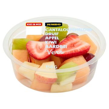 Foto van Jumbo fruitstukjes cantaloupemeloen, druif, appel, kiwi & aardbei 150g