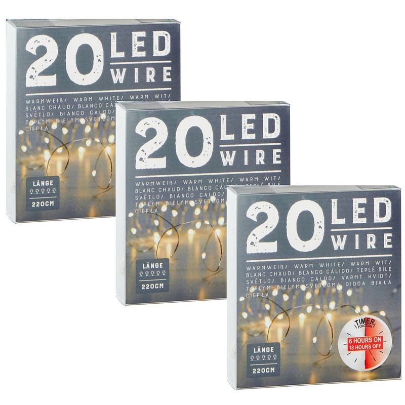 Foto van Cepewa set van 3x stuks draadverlichting lichtsnoer met 20 lampjes warm wit op batterij 220 cm met t - lichtsnoeren