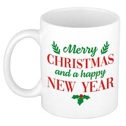 Foto van Merry christmas and happy new year cadeau kerstmok / kerstbeker wit 300 ml - bekers