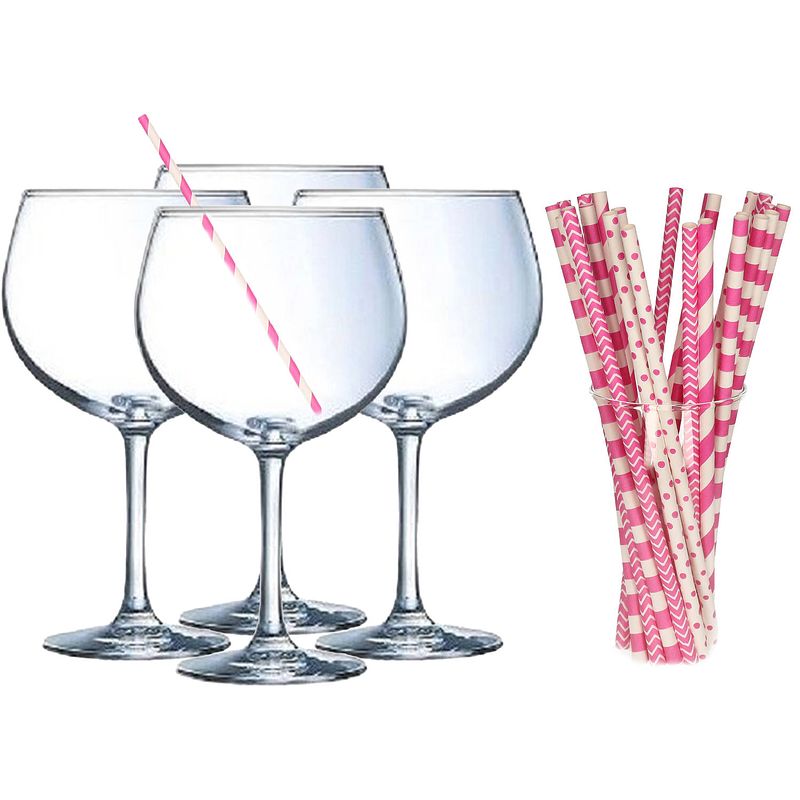 Foto van Cocktail set van 6x gin tonic glazen en 100x papieren rietjes - 700 ml - cocktailglazen