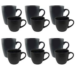 Foto van Otix koffiekopjes met cappuccino kopjes - set van 12 stuks - 6x koffiekopje - 6x cappuccino kopjes - zwart - aardewerk