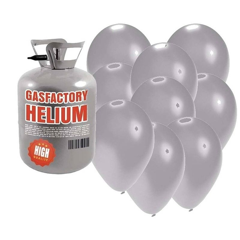 Foto van Helium tank met 50 zilveren ballonnen - heliumtank
