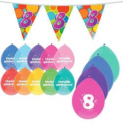 Foto van Leeftijd verjaardag thema 8 jaar pakket ballonnen/vlaggetjes - feestpakketten
