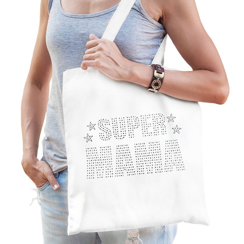 Foto van Glitter super mama katoenen tas wit rhinestones steentjes voor dames - moederdag - feest boodschappentassen