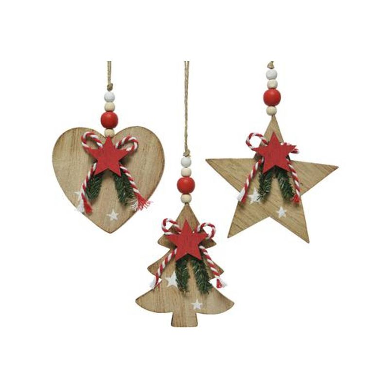 Foto van Boomdecoratie hanger mdf deco 3ass star - tree - heart rood 0.9x12x23cm