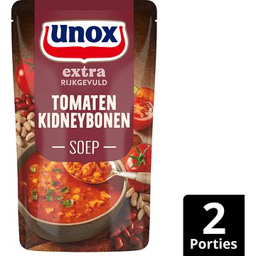 Foto van 2 zakken soep a 570 ml, pakken cupasoup a 3 stuks of single verpakkingen noodles of pasta | unox extra rijkgevuld soep in zak tomaten kidneybonen 570ml aanbieding bij jumbo