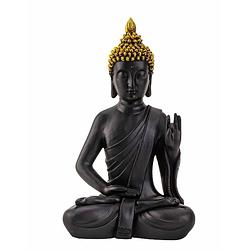 Foto van Boeddha beeldje zittend - binnen/buiten - kunststeen - zwart/goud - 31 x 18 cm - beeldjes