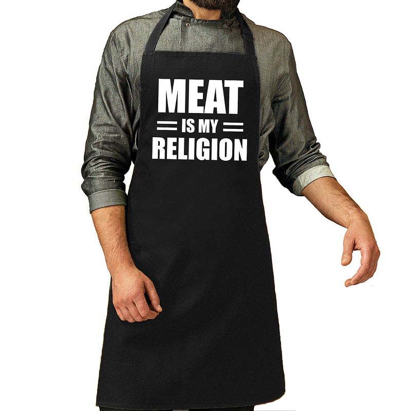 Foto van Schort meat is my religion zwart voor heren - feestschorten