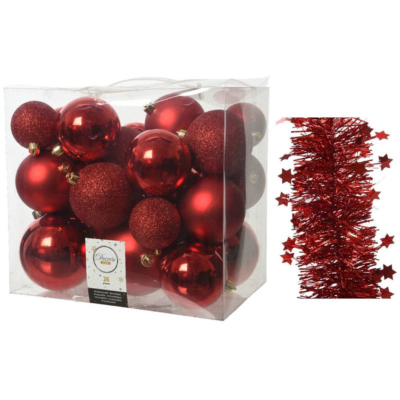 Foto van Kerstversiering kunststof kerstballen 6-8-10 cm met sterren folieslingers pakket rood van 28x stuks - kerstbal