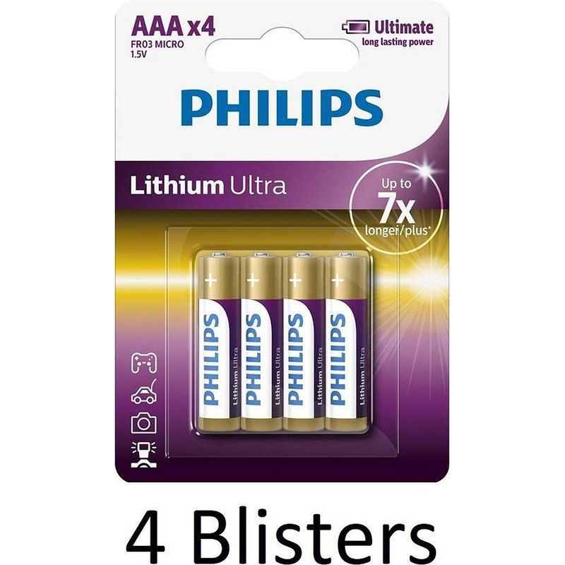 Foto van 16 stuks (4 blisters a 4 st) philips aaa lithium ultra batterijen