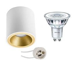 Foto van Opbouwspot set - pragmi cliron pro - gu10 fitting - opbouw rond - mat wit/goud - verdiept - ø90mm - philips - corepro