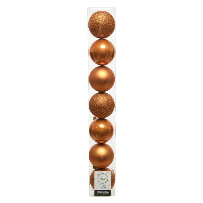 Foto van 7x stuks kunststof kerstballen cognac bruin (amber) 8 cm glans/mat/glitter - kerstbal