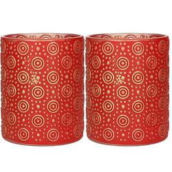 Foto van 2x stuks luxe theelichthouder/kaarsenhouder - rood/goud - glas - d10 x h12 cm - windlichten