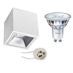 Foto van Opbouwspot set - pragmi cliron pro - gu10 fitting - opbouw vierkant - mat wit/zilver - verdiept - 90mm - philips -