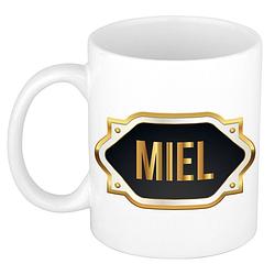 Foto van Naam cadeau mok / beker miel met gouden embleem 300 ml - naam mokken