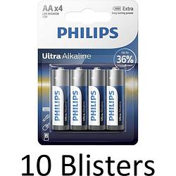 Foto van 40 stuks (10 blisters a 4 st) philips ultra alkaline aa batterijen
