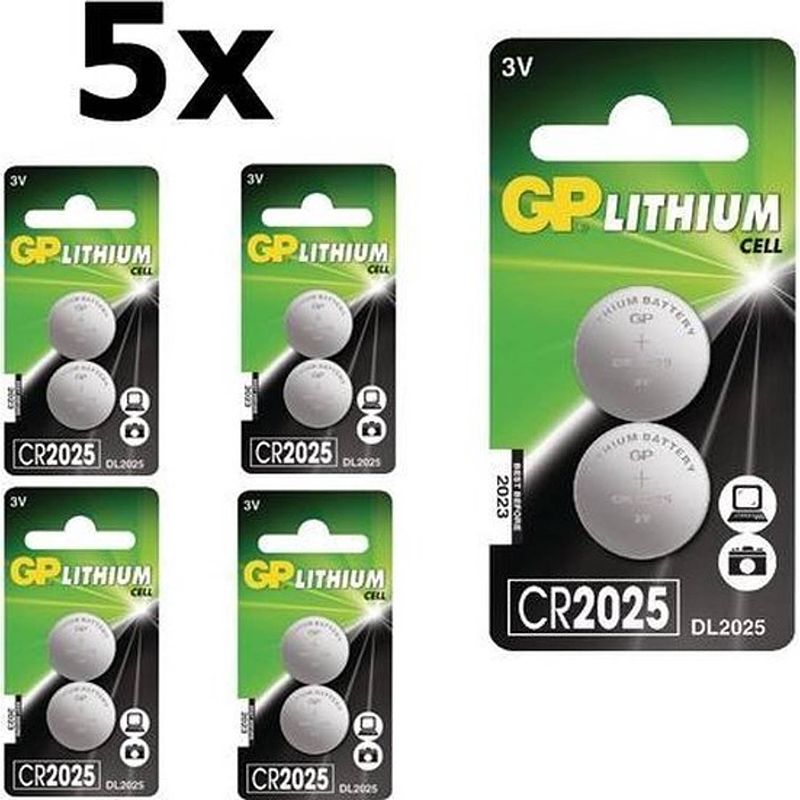 Foto van 10 stuks (5 blister a 2st) gp cr2025 3v lithium knoopcel batterij