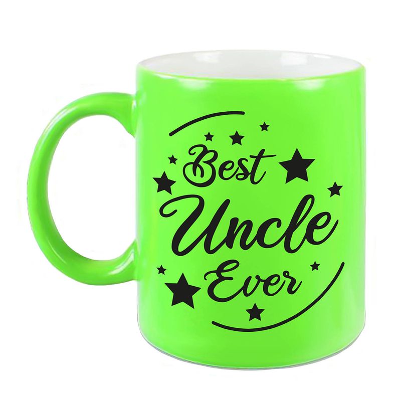 Foto van Best uncle ever cadeau koffiemok / theebeker neon groen 330 ml - feest mokken