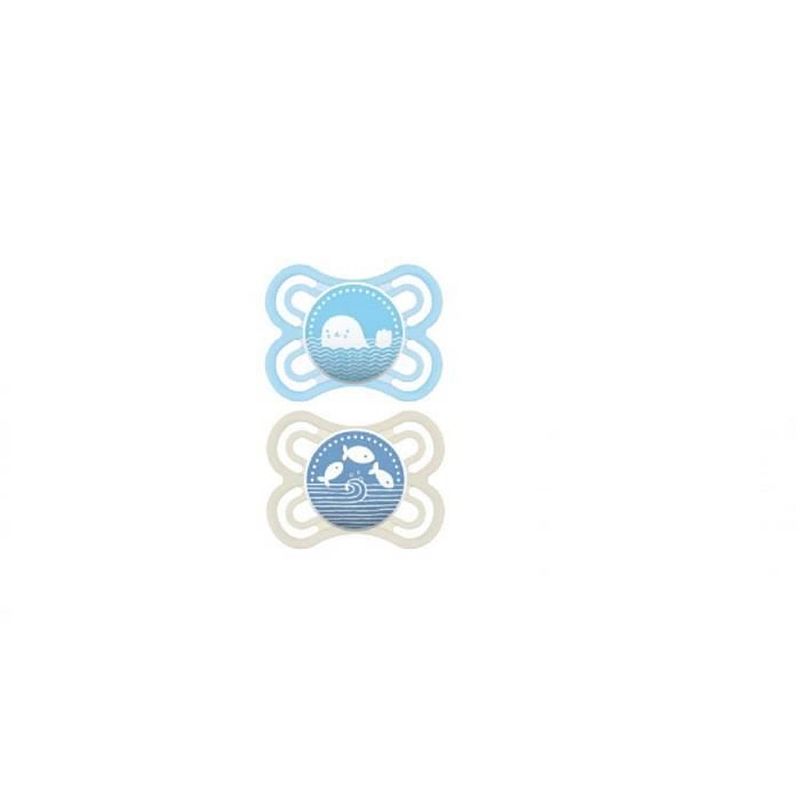 Foto van Mam perfect pacifier - 0-6 + m - siliconen - sterilisatiedoos - set van 2 - blauw